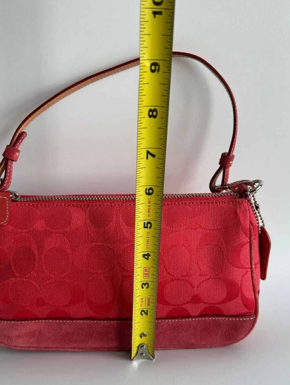 Coach Signature Jacquard Mini Demi Pouch Shoulder Bag Red Canvas Suede Trim 6094